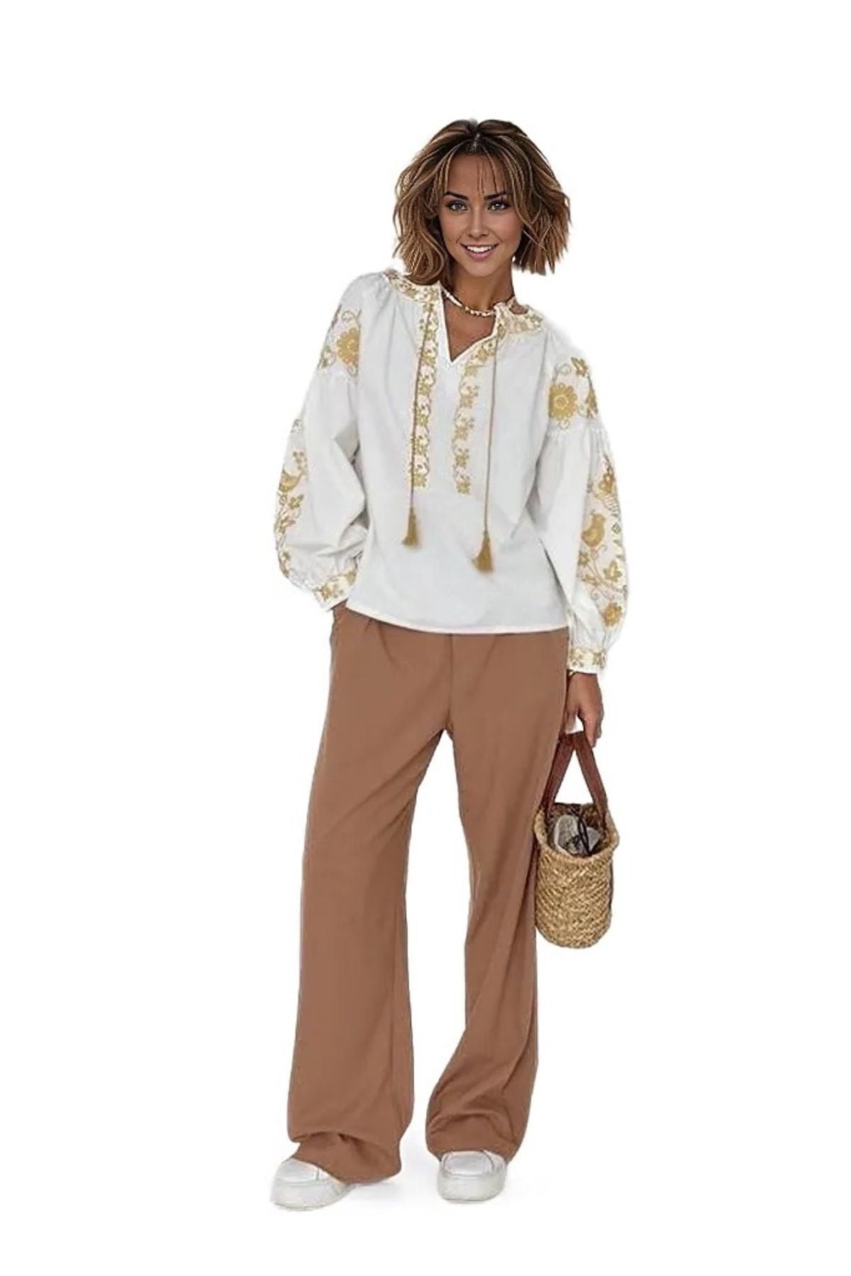 Autumn Women's Bird and Floral Embroidered Tassel Blouse - White