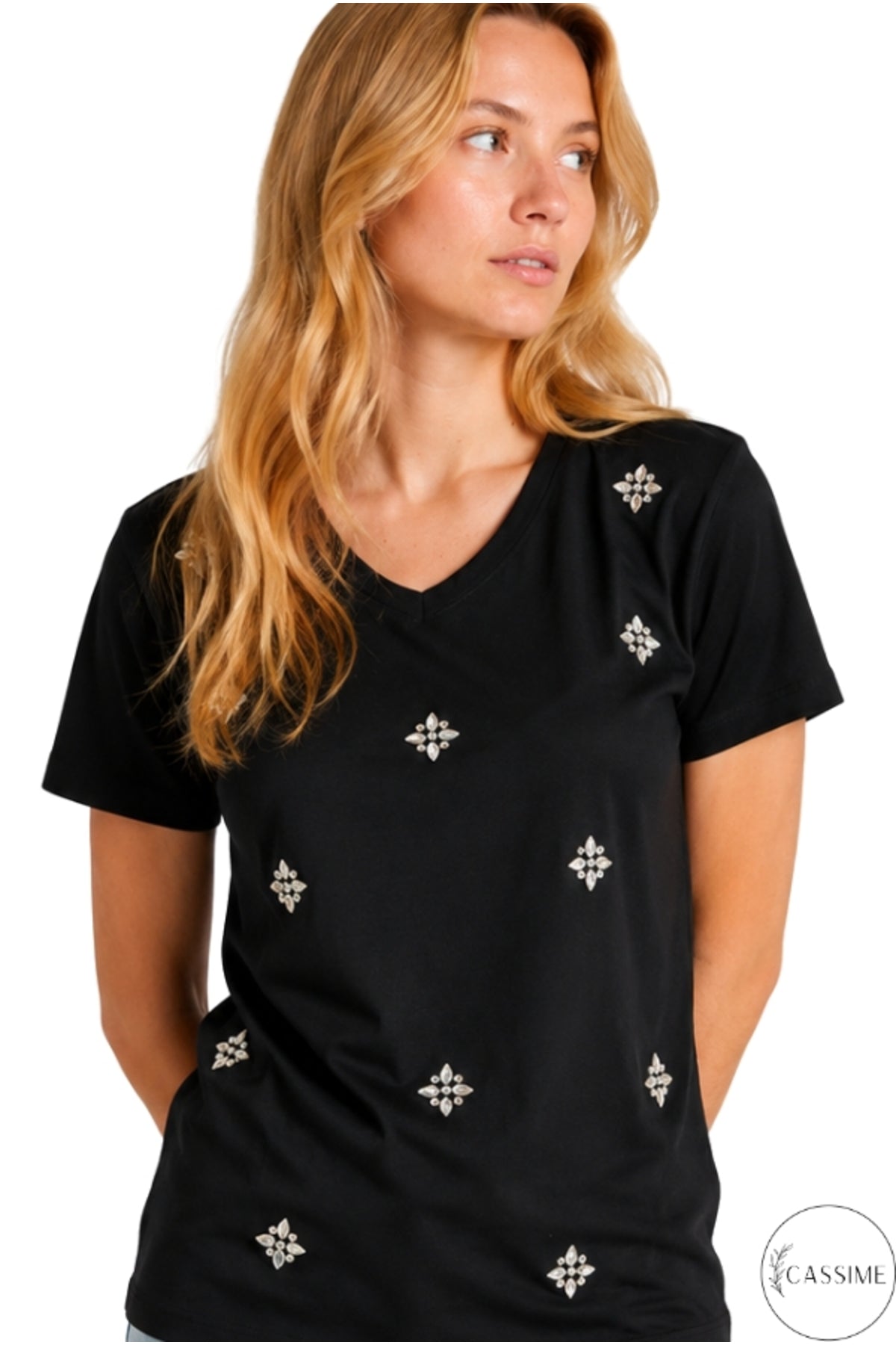 Emma Women's Cotton Embellished T-Shirt - Multicolor Floral Rhinestones