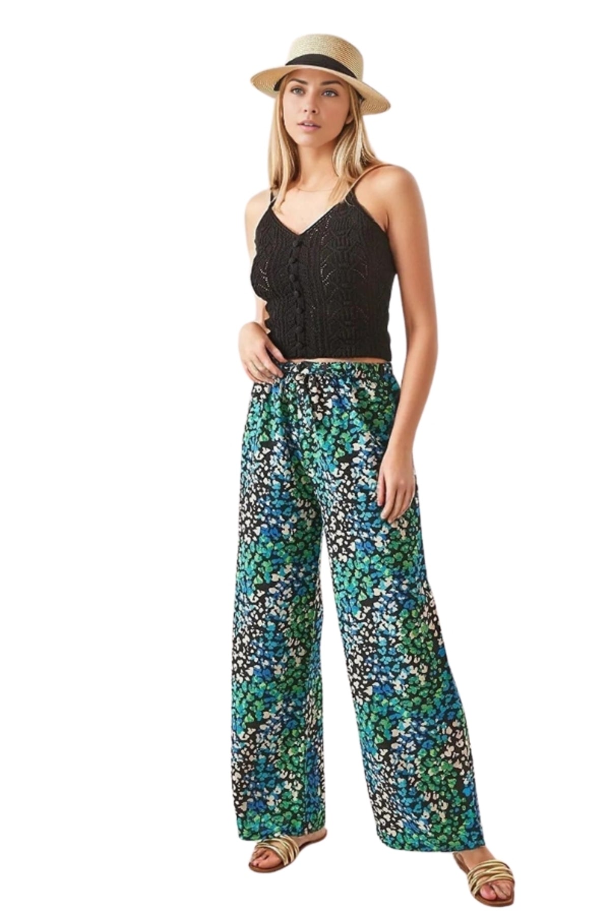 Lucy Women's Linen-Viscose Blend Wide Leg Palazzo Pants - Green Floral