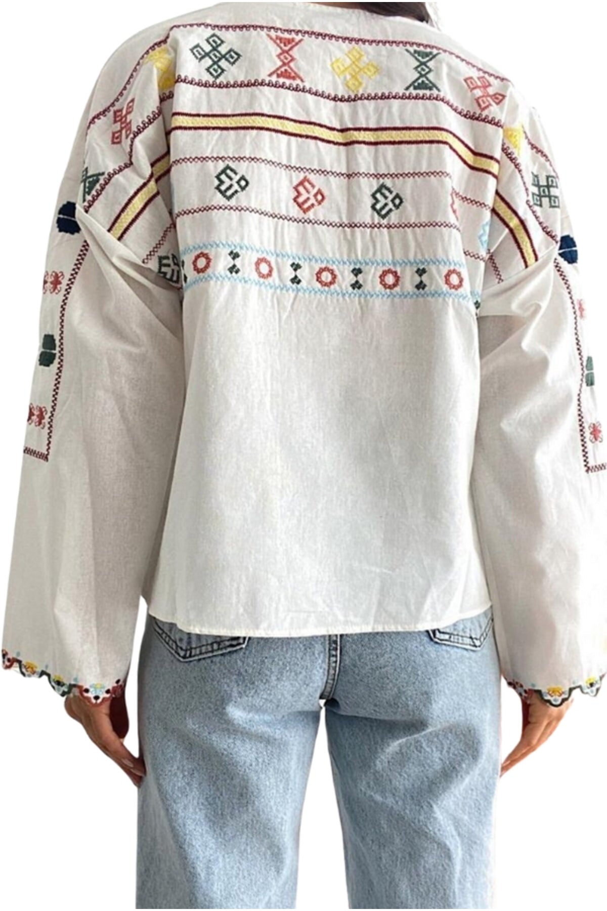 Alexis Women's Cotton-Linen Blend Vintage Inspired Embroidered Blouse - White