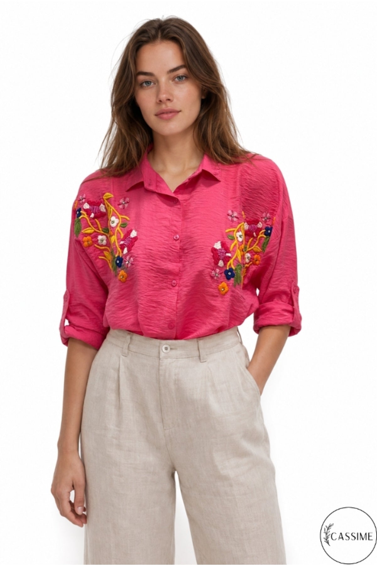 Claire Women's Floral Embellished Button-Up Shirt - Fuchsia Floral Embroidery