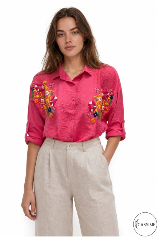 Claire Women's Floral Embellished Button-Up Shirt - Fuchsia Floral Embroidery