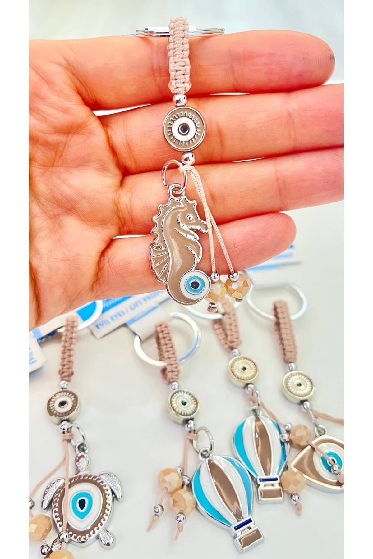 Abigail Silver-Plated Evil Eye Keychain - Beige Seahorse