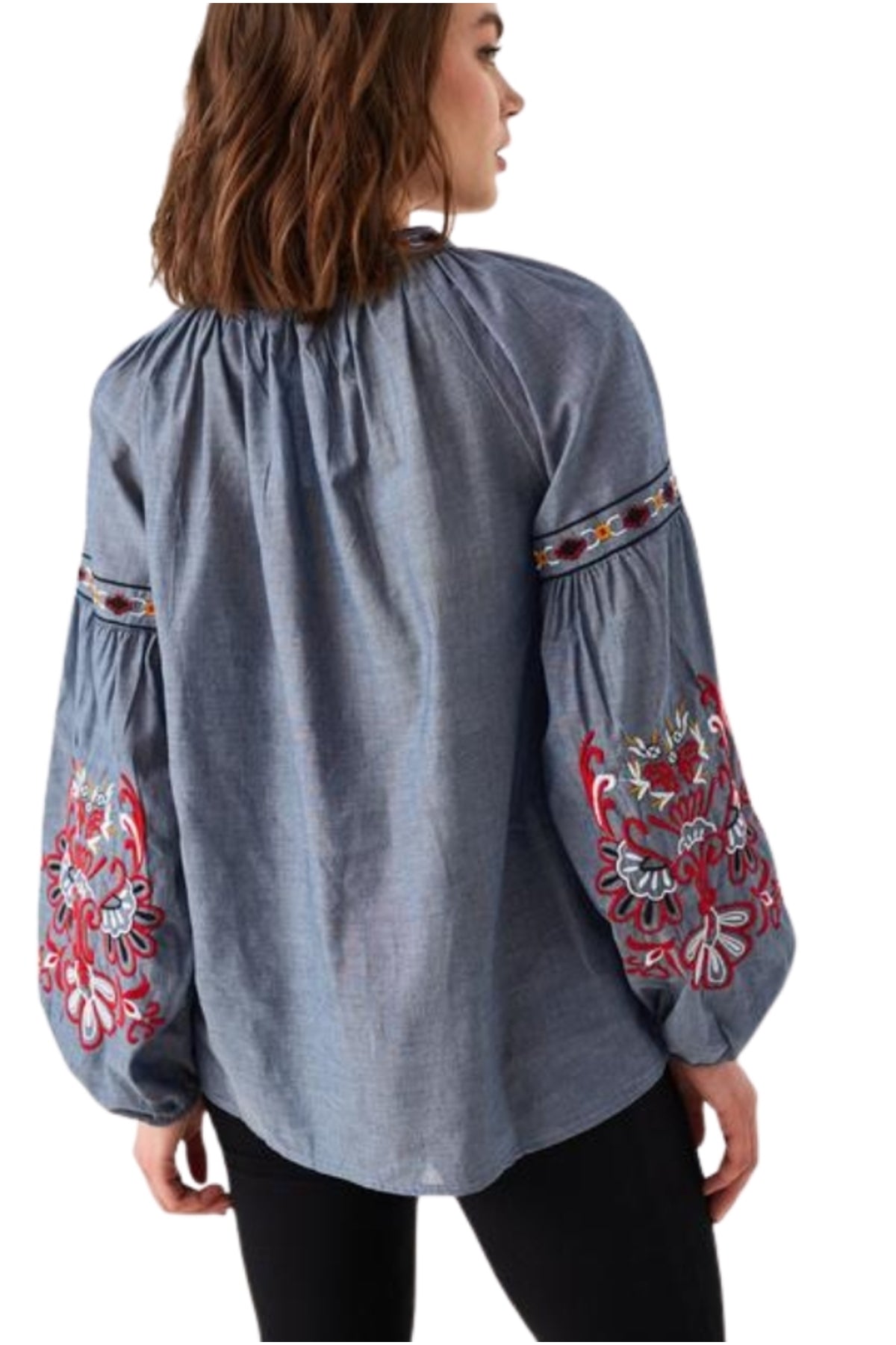 Penelope Women's Cotton Vintage Inspired Embroidered Blouse - Gray