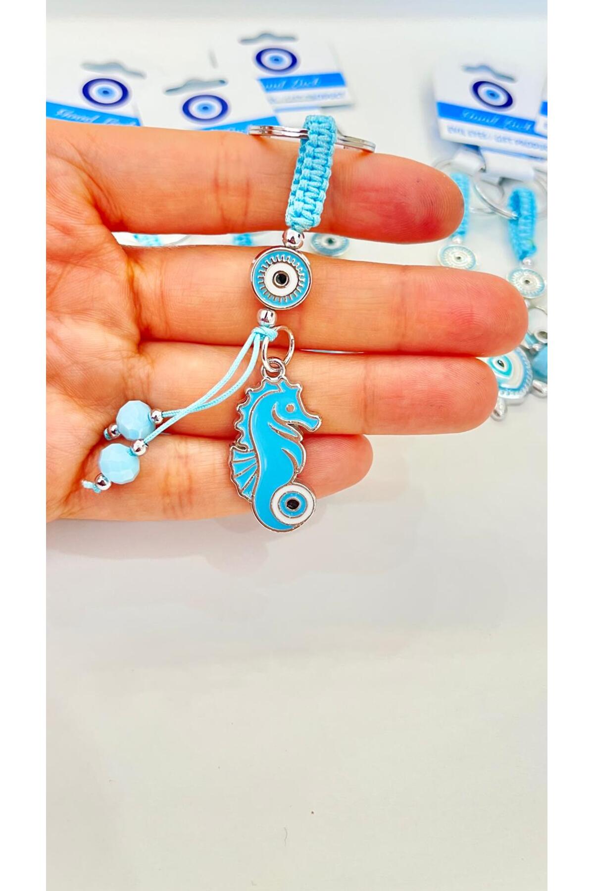 Abigail Silver-Plated Evil Eye Keychain - Light Blue Seahorse