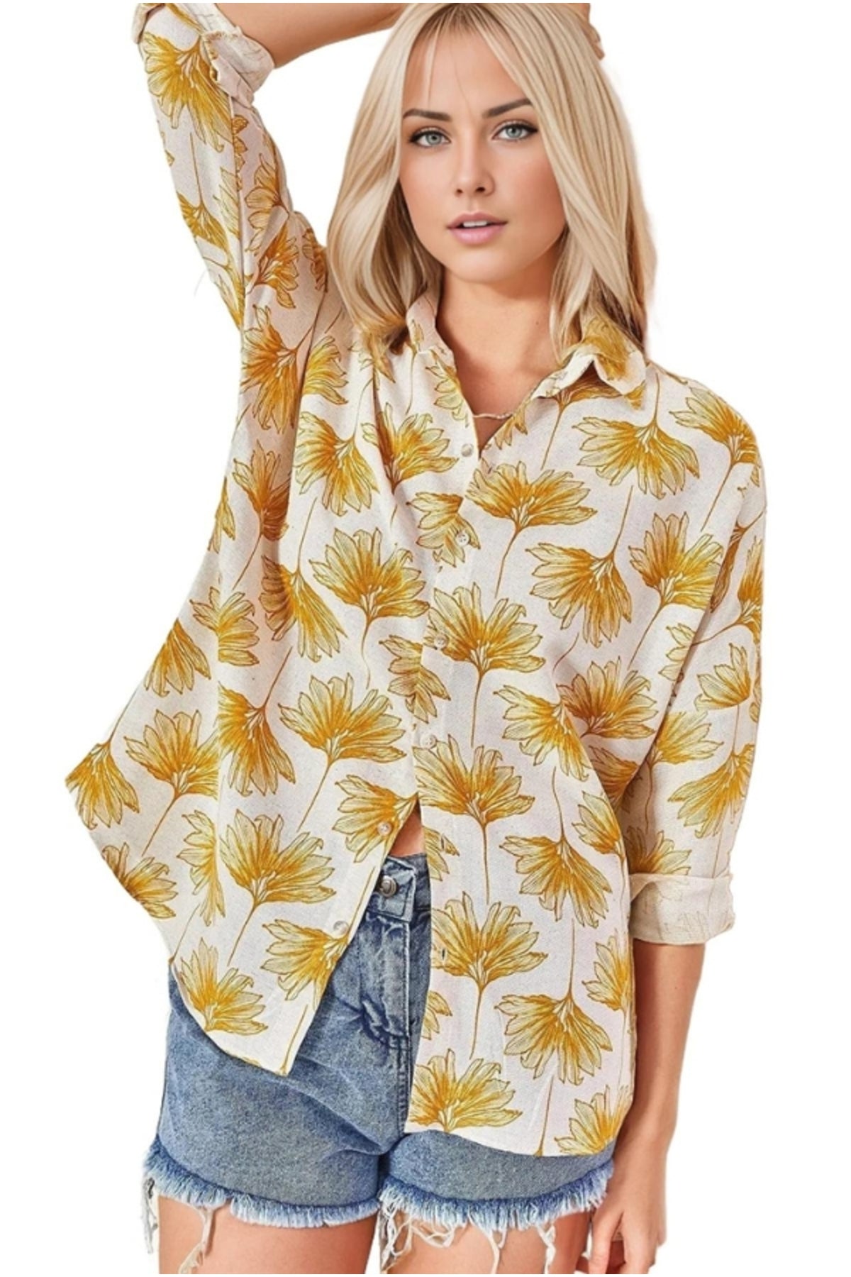 Emilia Women's Linen-Viscose Blend Oversized Printed Shirt - Yellow Ginkgo