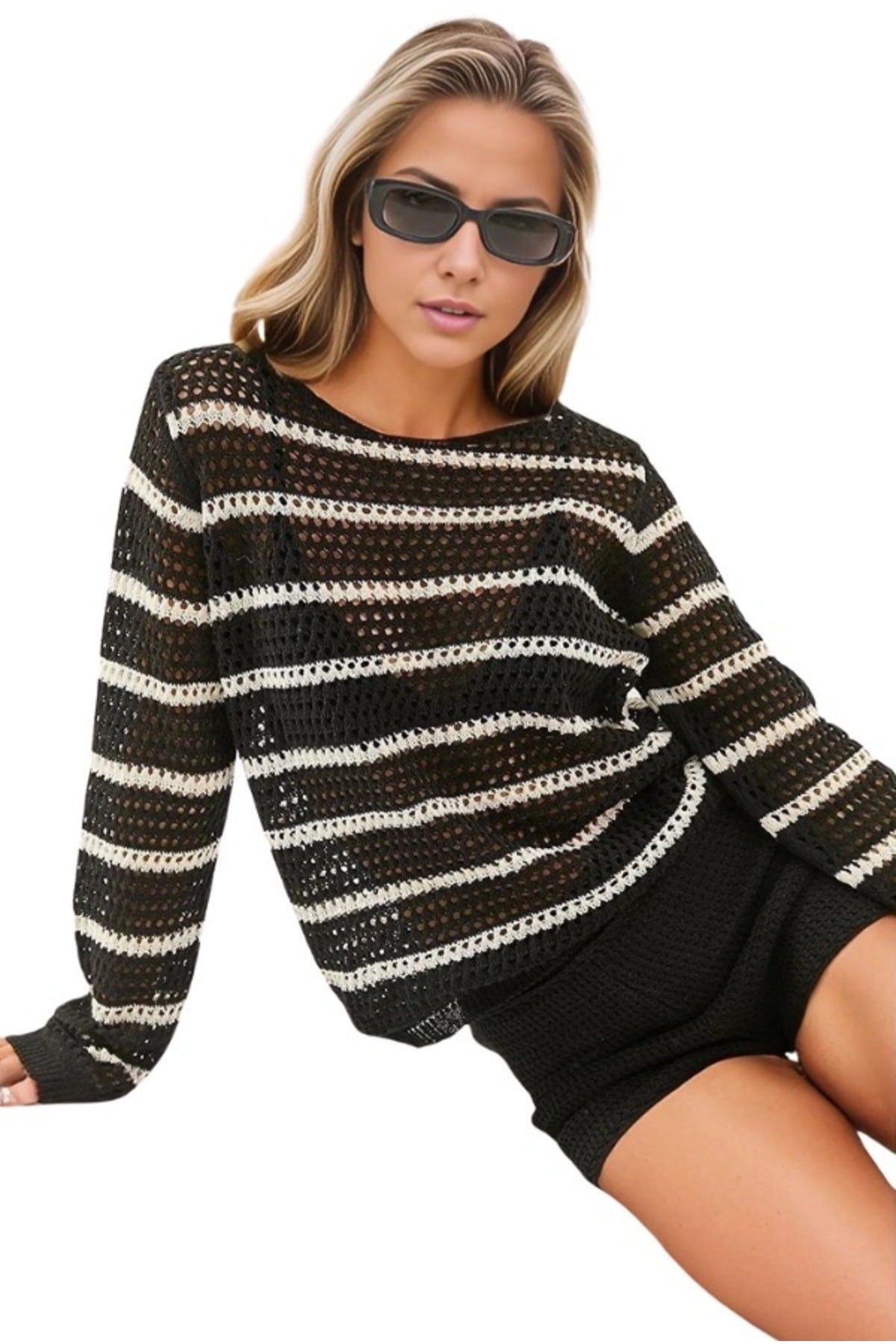 Alexandra Women's Striped Boat Neck Openwork Sweater - Black and White
