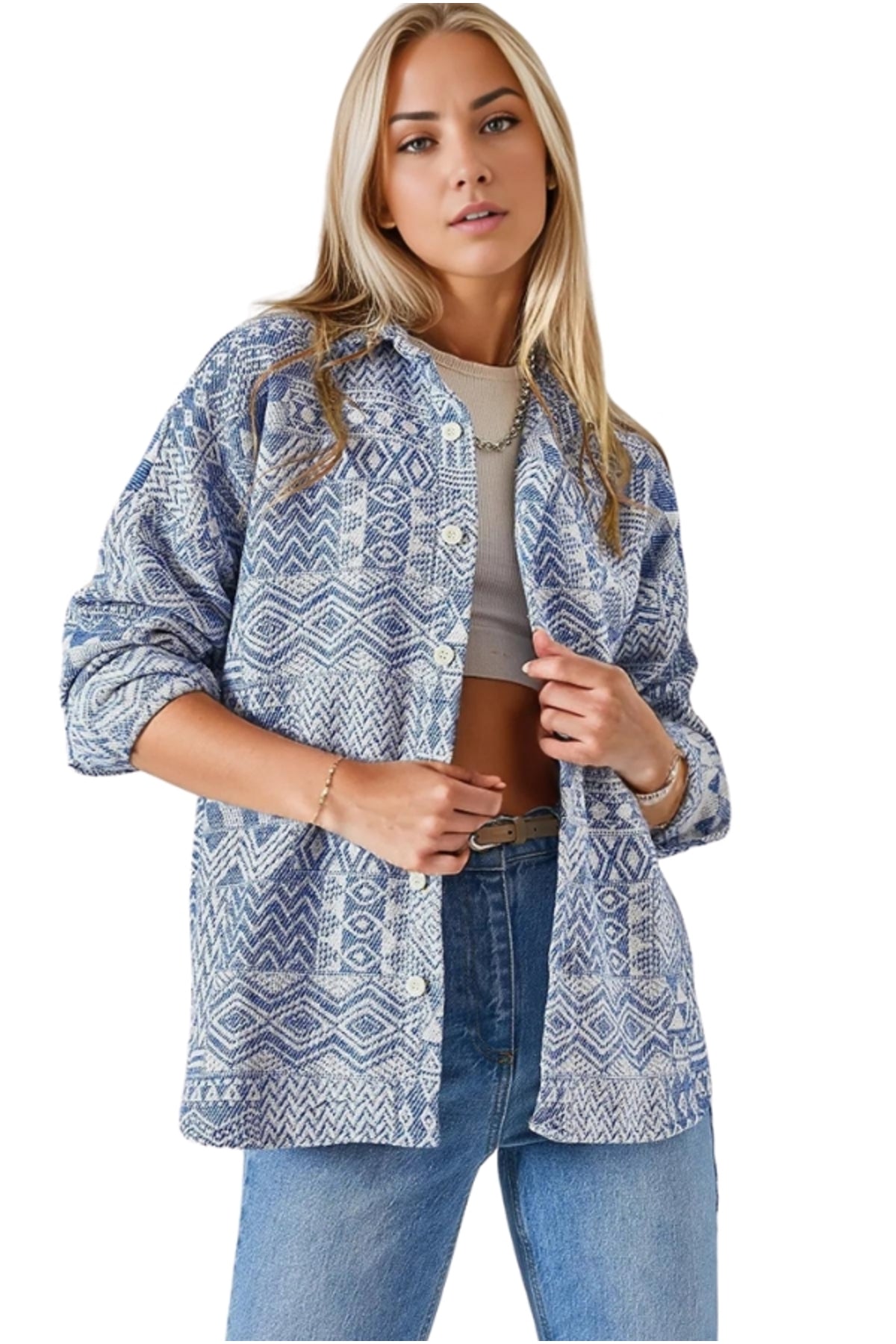 Ellen Women's Boho Print Button-Up Shacket - Blue Boho Print