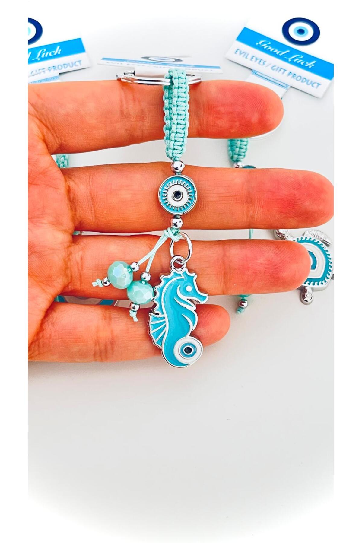 Abigail Silver-Plated Evil Eye Keychain - Turquoise Seahorse