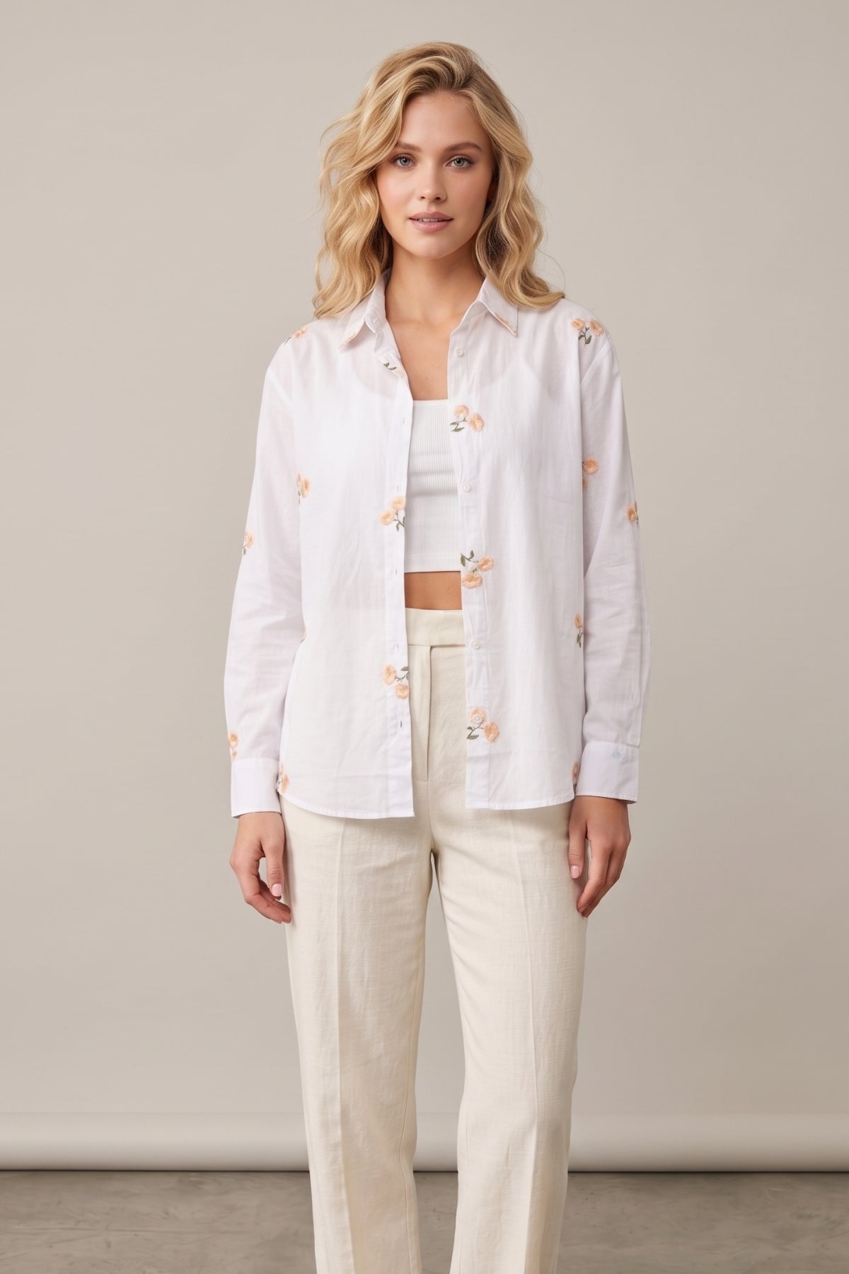 Ella Women's Cotton Embroidered Button-Up Shirt - White with Peach Flowers