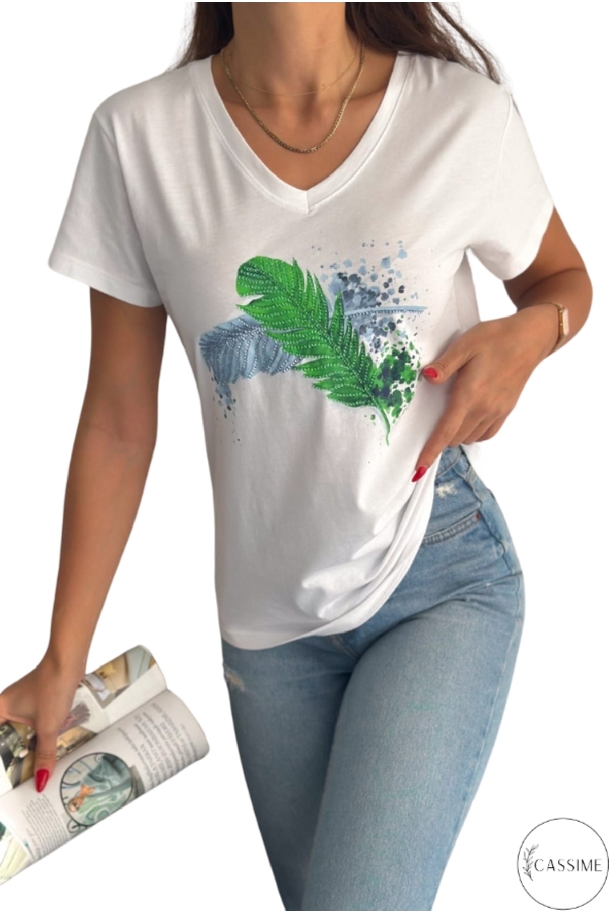 Olivia Women's Cotton Plus Size Embellished V-Neck T-Shirt - White with Blue and Green Leaf Sequins