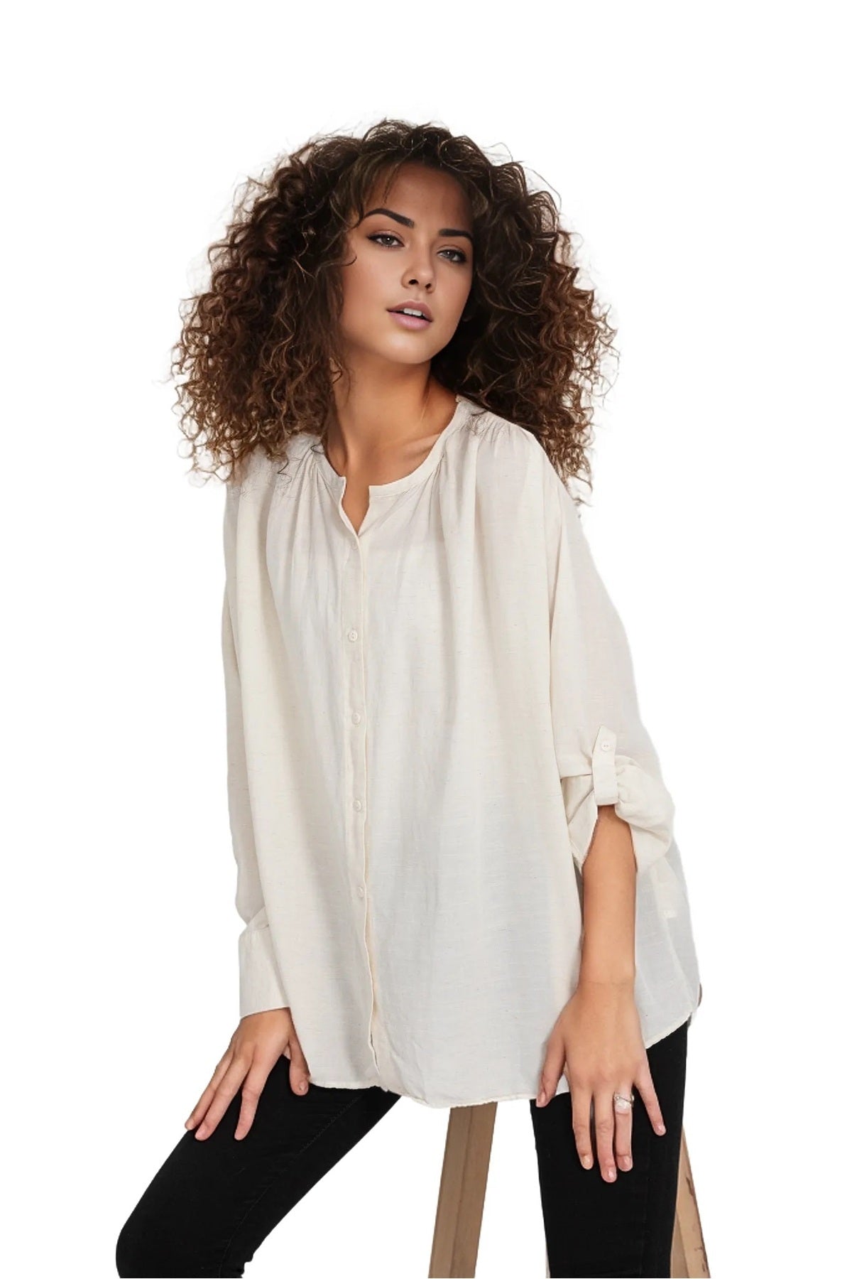 Bridget Women's Cotton Oversized Roll-Sleeve Shirt - Cream