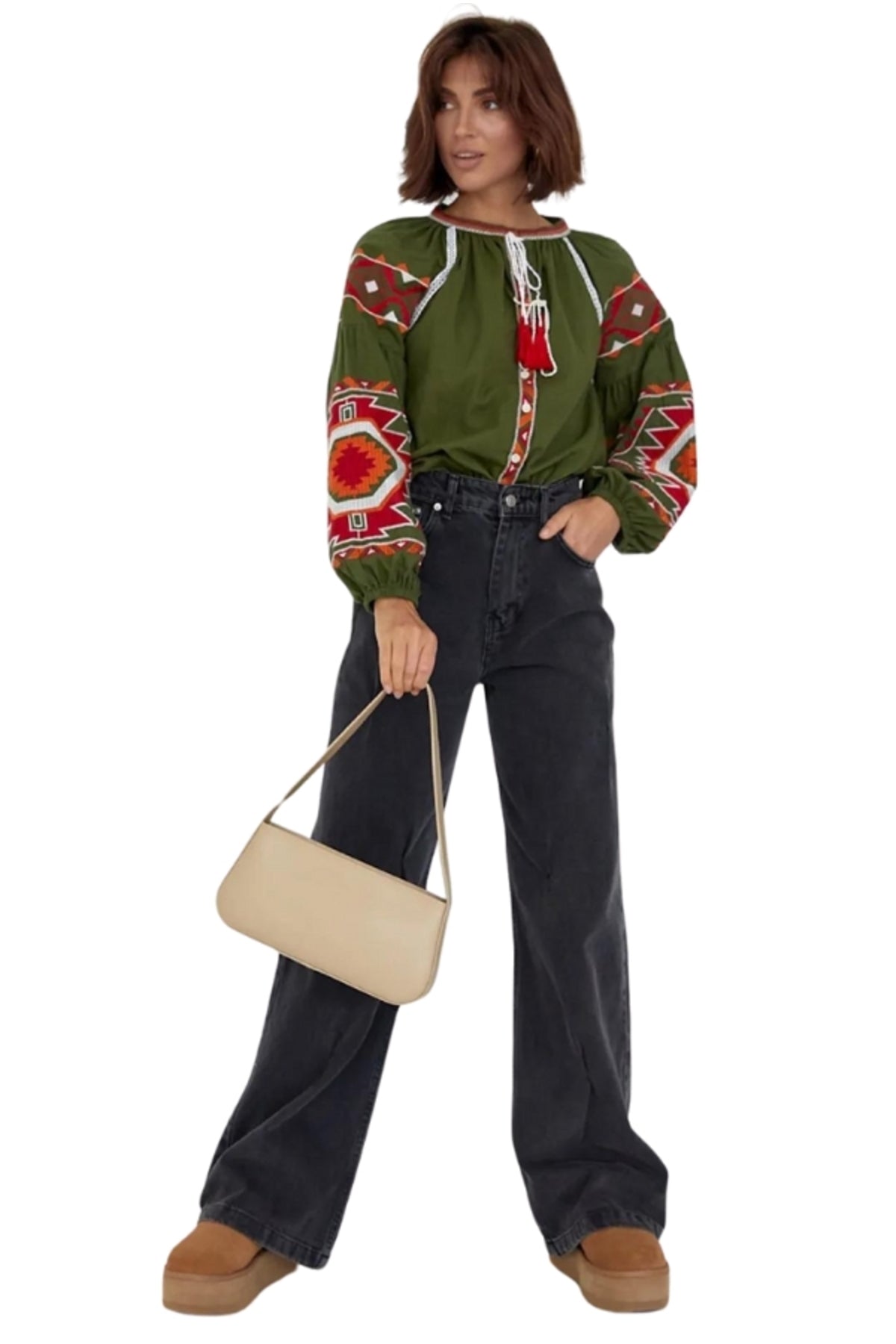 Penelope Women's Cotton Vintage Inspired Embroidered Blouse - Green
