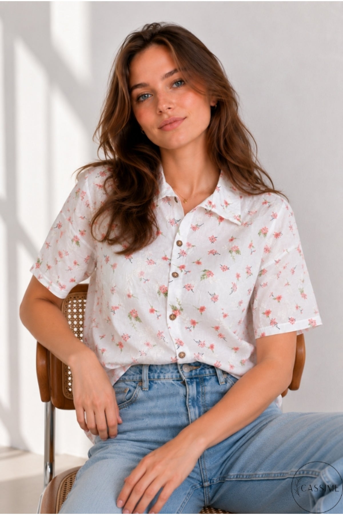 Alice Women's Cotton Floral Short Sleeve Shirt - Ecru with Pink Ditsy Floral Embroidery