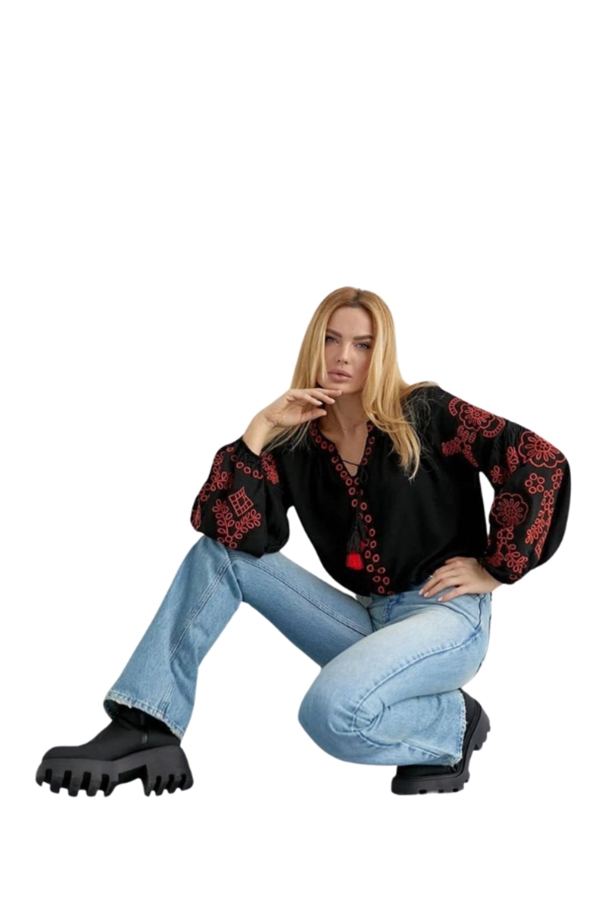 Tabitha Women's Cotton Blend Boho Embroidered Tassel Blouse - Black with Red Embroidery