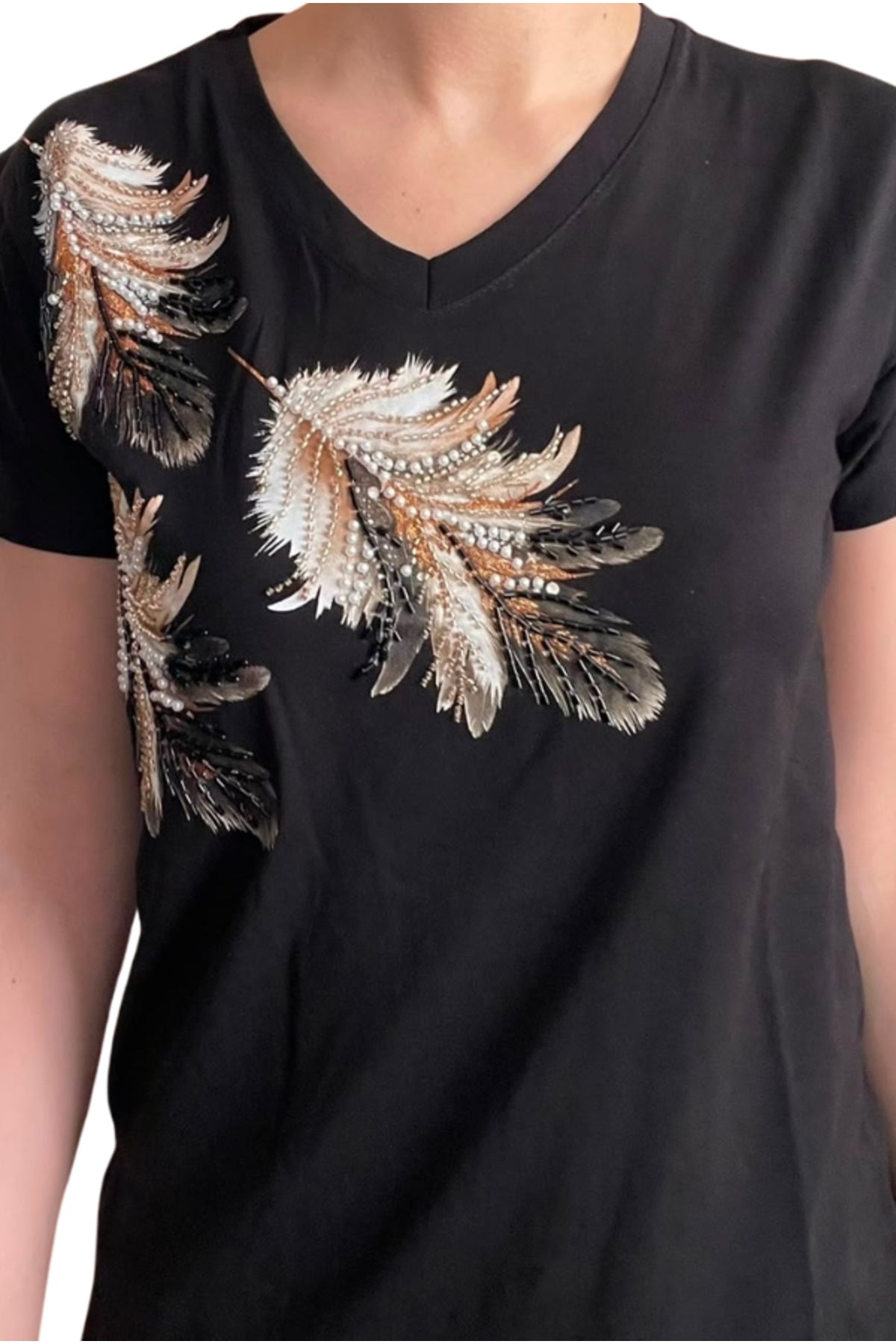 Sophie Women's Cotton Embellished V-Neck T-Shirt - Black Three Feathers Print
