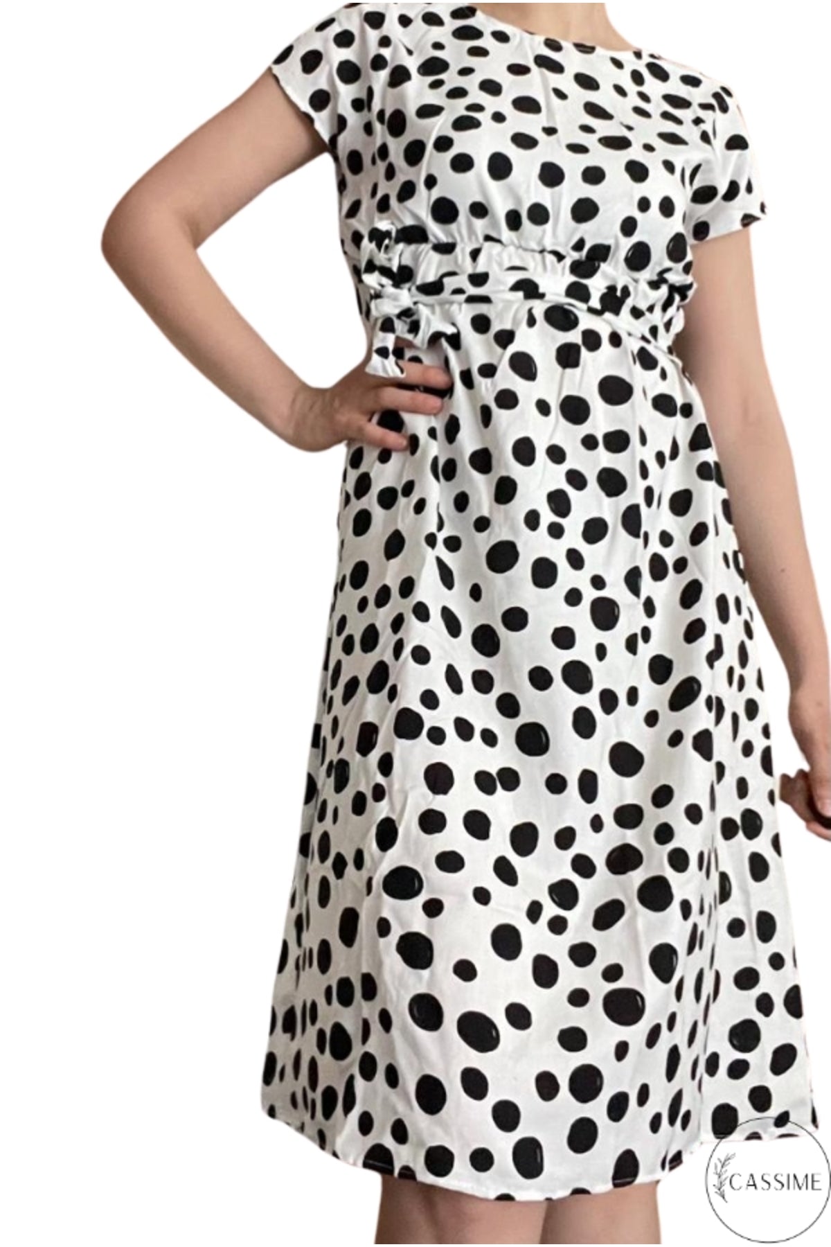Audrey Women's Viscose Belted Midi Dress - Black Polka Dot