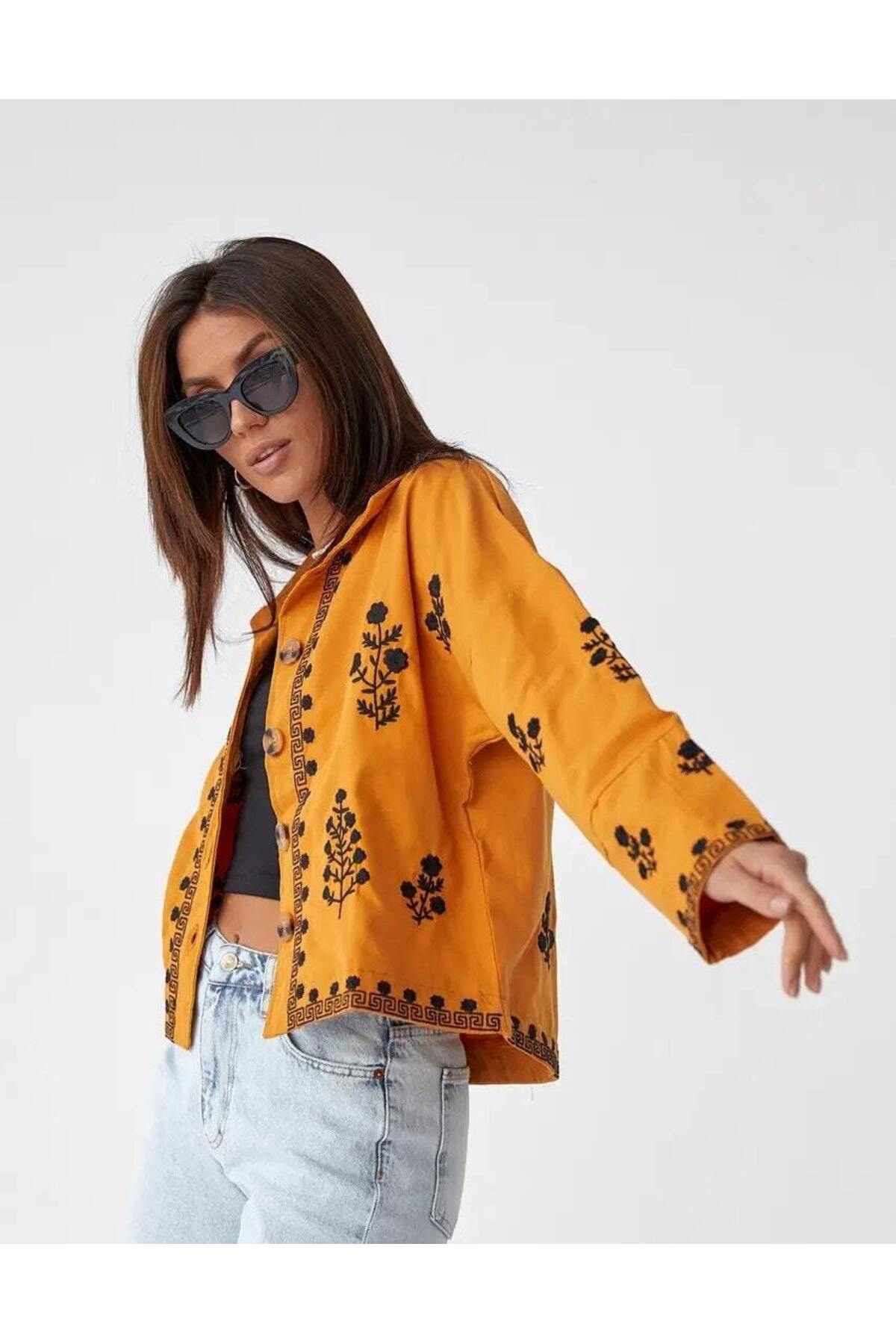 Louise Women's Embroidered Button-Up Jacket - Orange