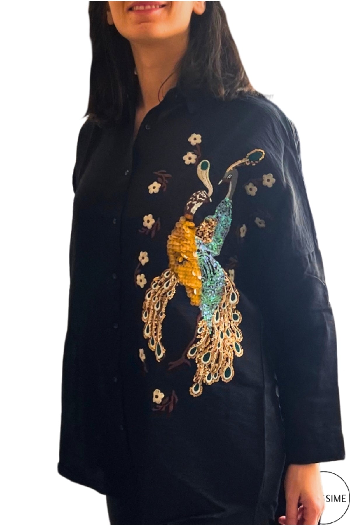 Emily Women's Peacock Sequin Oversized Shirt - Black Peacock