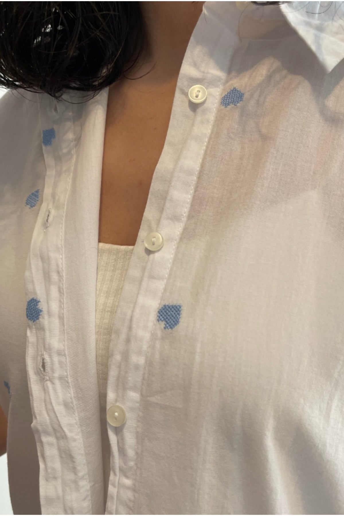 Ella Women's Cotton Embroidered Button-Up Shirt - White with Blue Hearts
