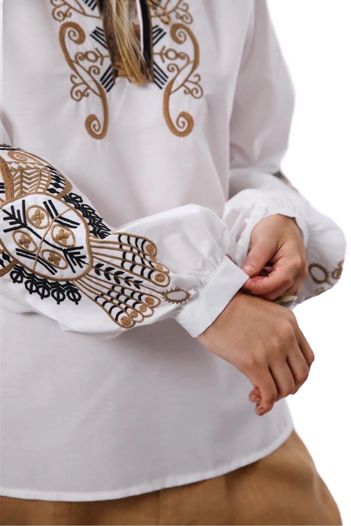 Nicole Women's Cotton Embroidered Long Sleeve Blouse - White with Gold Embroidery