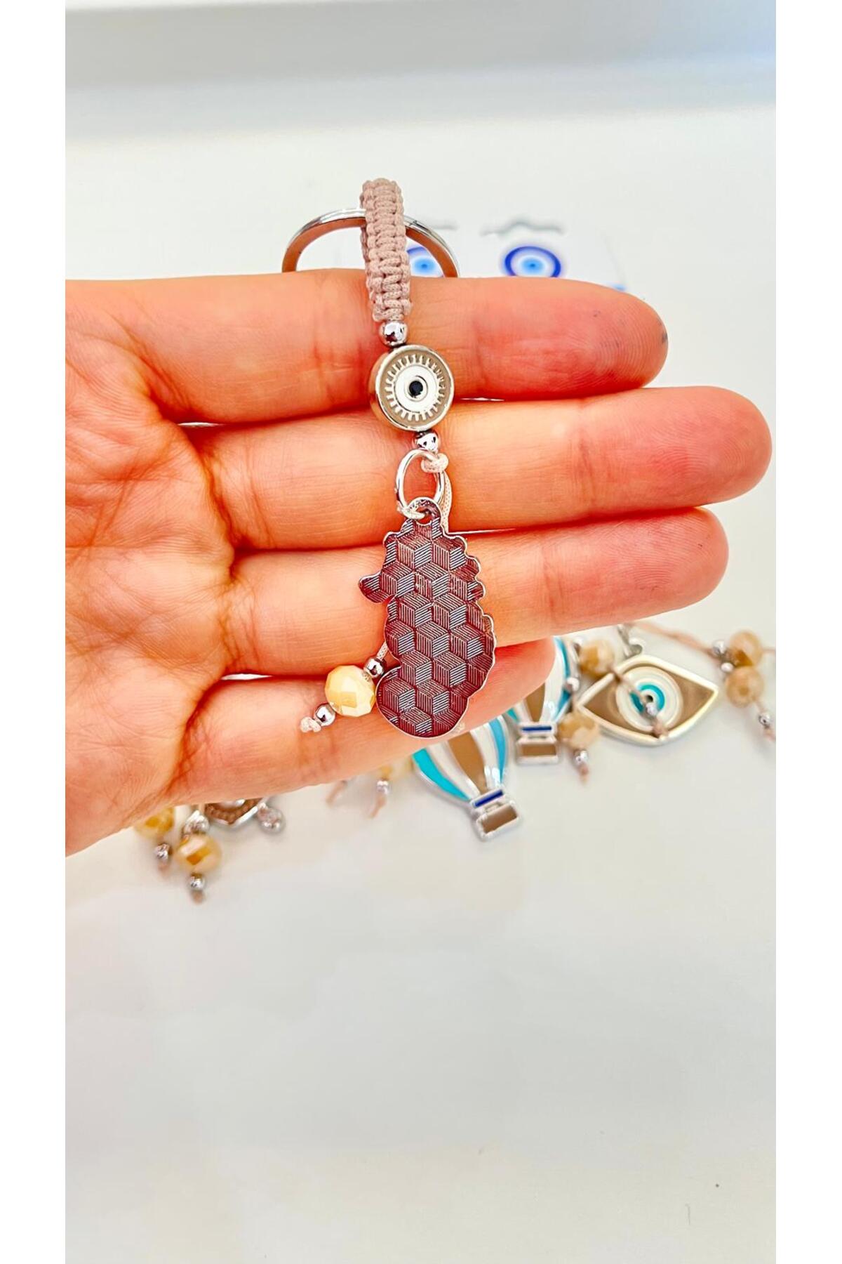 Abigail Silver-Plated Evil Eye Keychain - Beige Seahorse