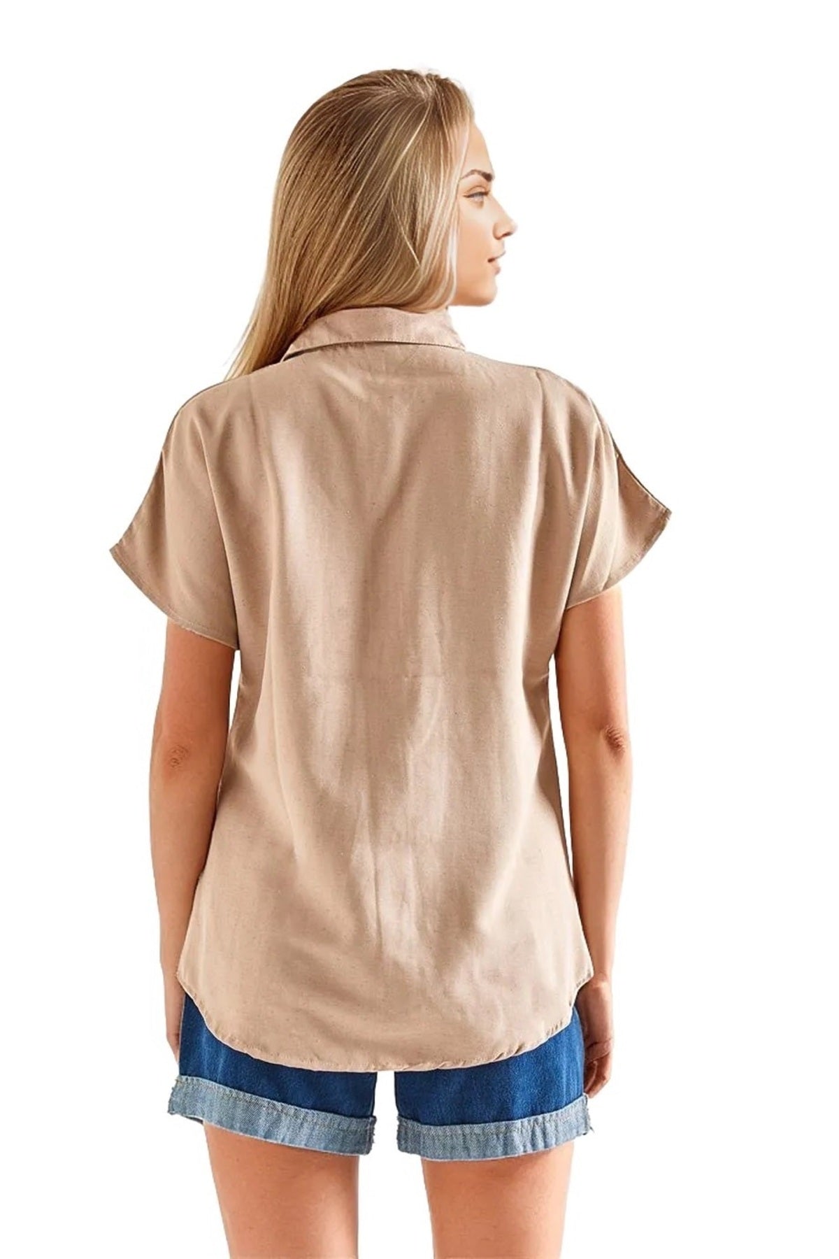 Jocelyn Women's Linen-Viscose Blend Oversized Short Sleeve Batwing Shirt - Beige