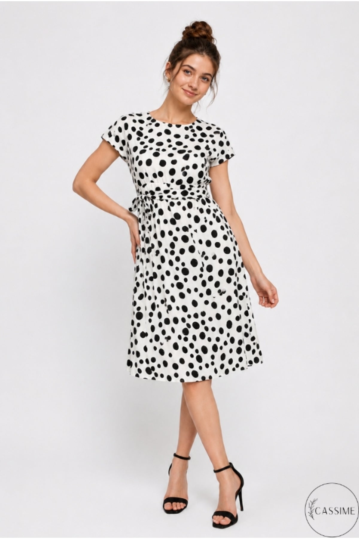 Audrey Women's Viscose Belted Midi Dress - Black Polka Dot