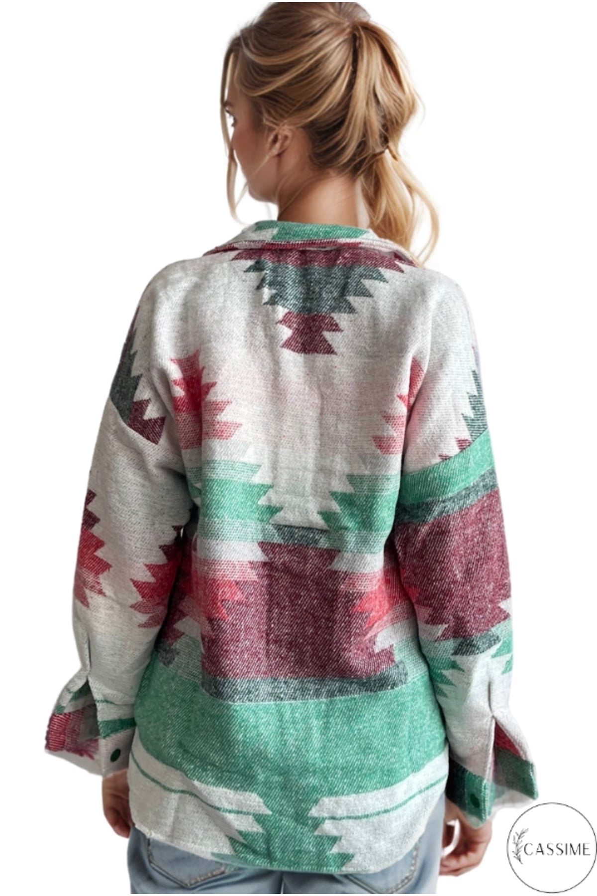 Ellen Women's Boho Print Button-Up Shacket - Green and Red Boho Print