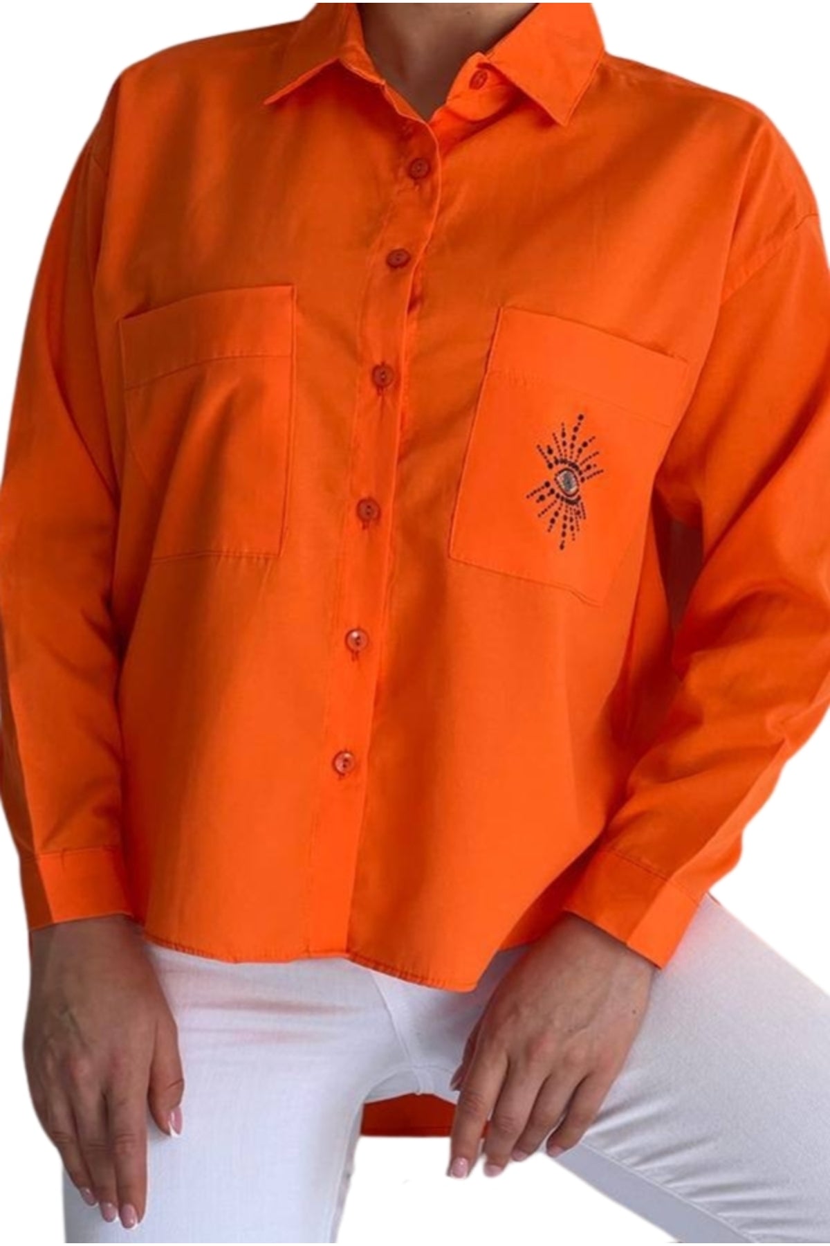 Josephine Women's Cotton Embellished Evil Eye Pocket Shirt - Orange