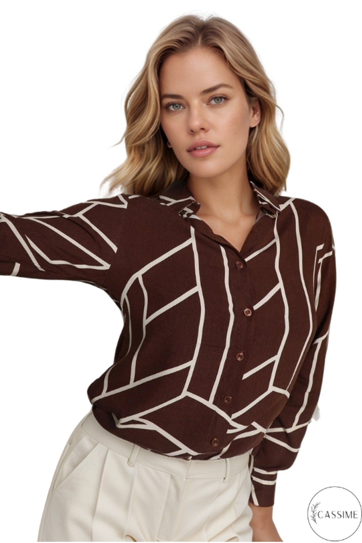 Amelia Women's Viscose Long Sleeve Button-Up Shirt - Brown Striped