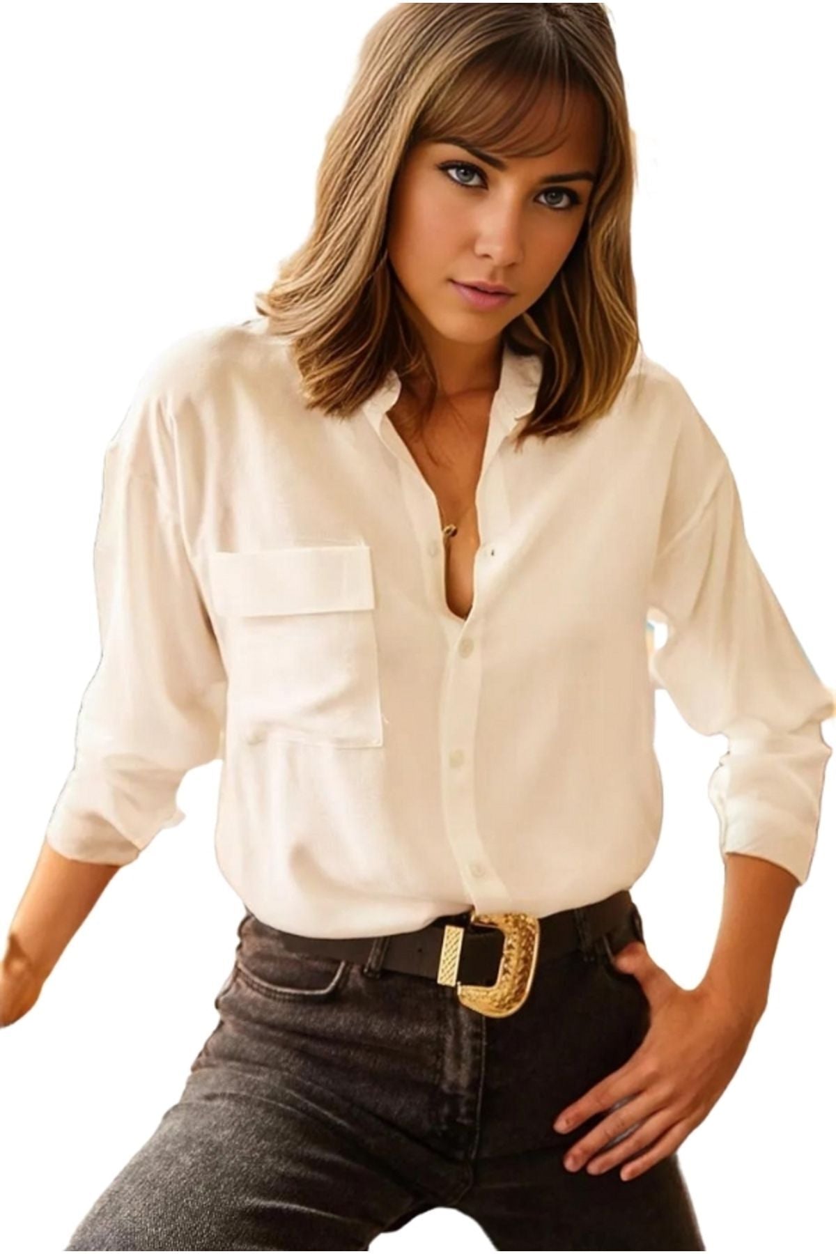 Iris Women's Viscose Relaxed Fit Pocket Shirt - Ecru