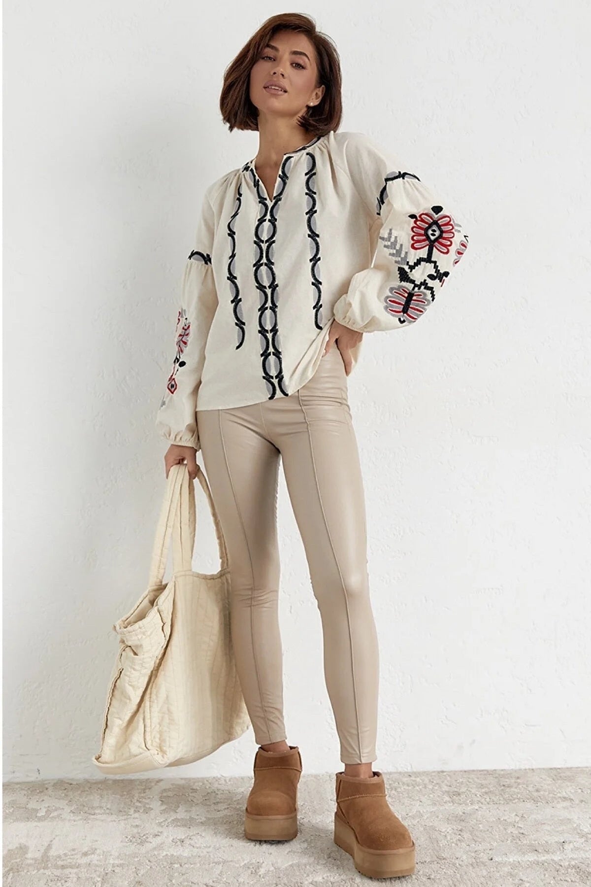 Rosa Women's Cotton Embroidered Long Sleeve Tie Blouse - Cream