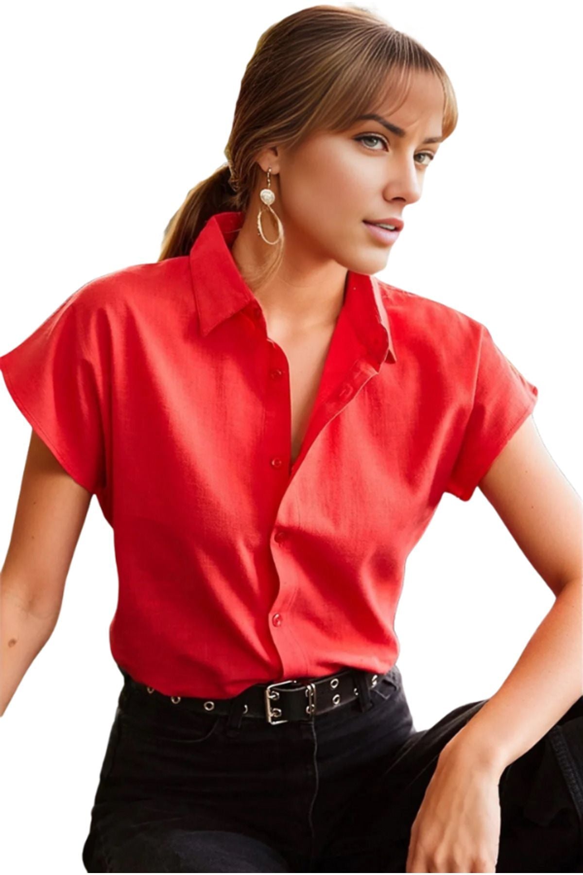 Elizabeth Women's Linen-Viscose Blend Short Sleeve Batwing Shirt - Red