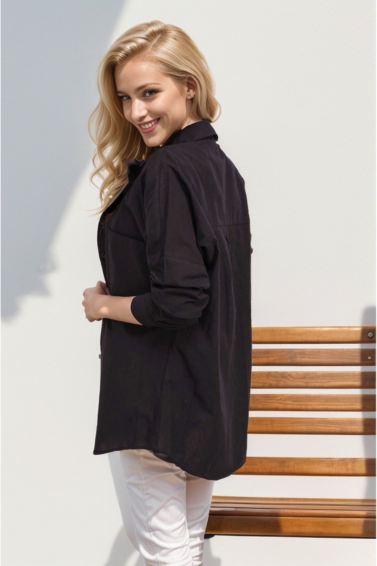 Clementine Women's Linen Blend Pocket Button-Up Shirt - Black