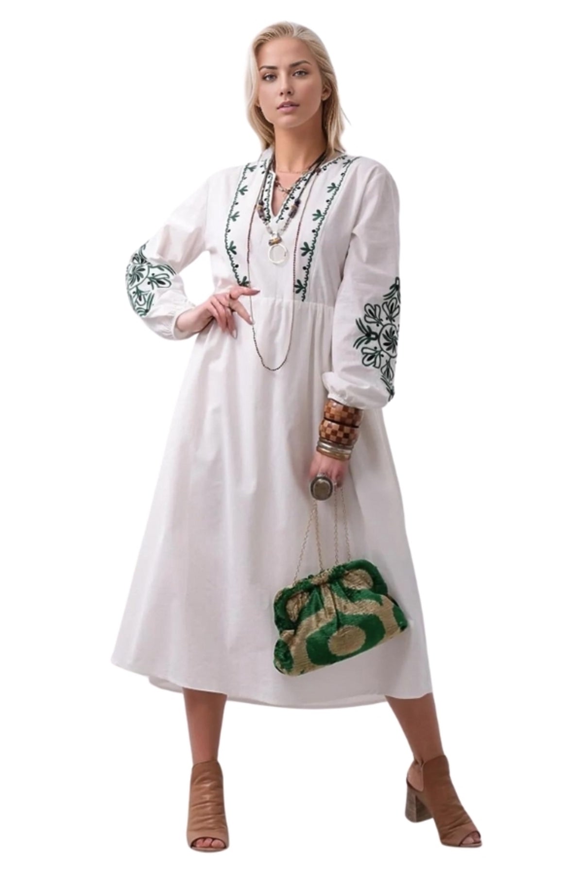 Maria Women's Embroidered Boho Split-Neck Dress - White with Green Embroidery