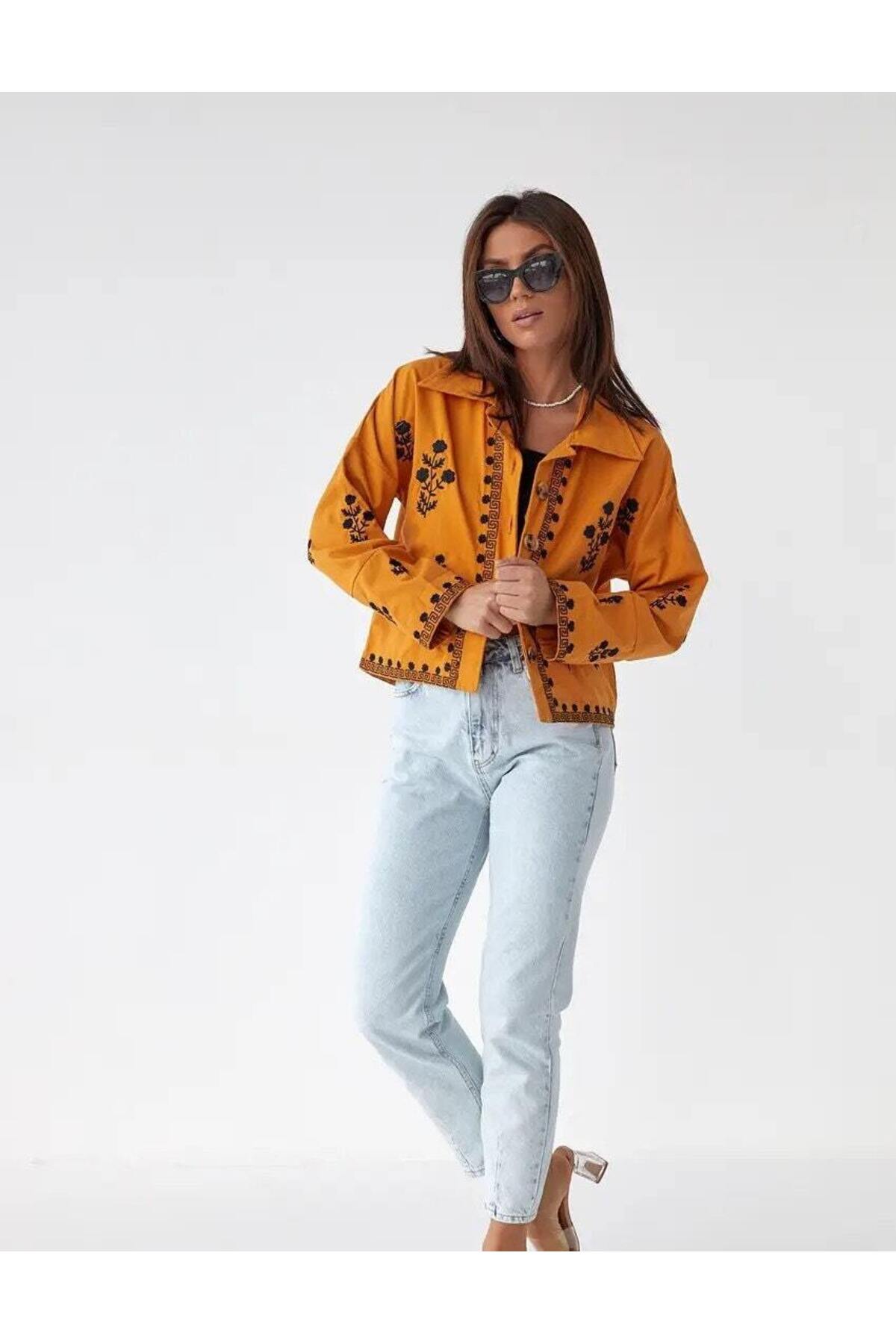 Louise Women's Embroidered Button-Up Jacket - Orange