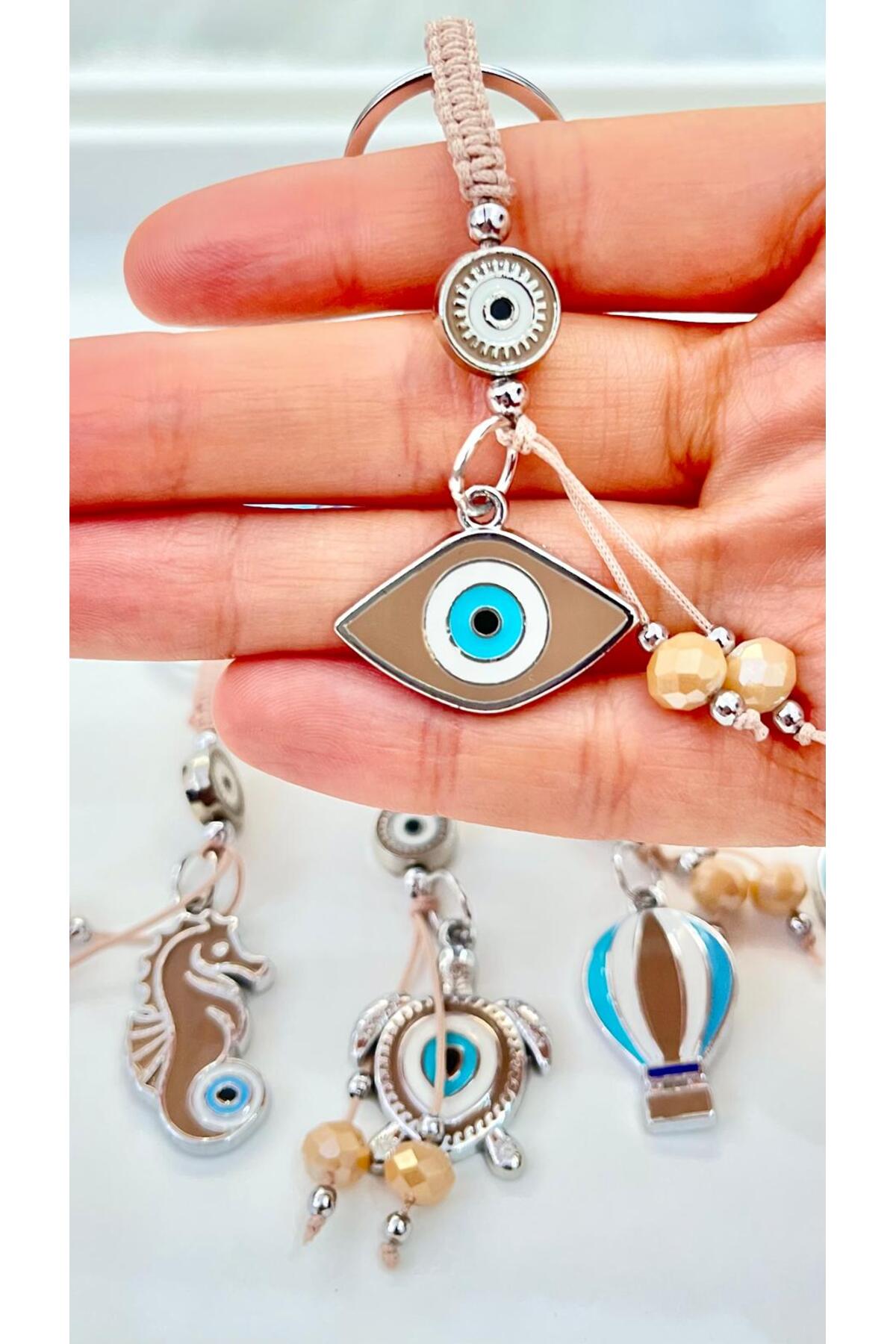 Abigail Silver-Plated Evil Eye Keychain - Beige Oval Evil Eye Pattern