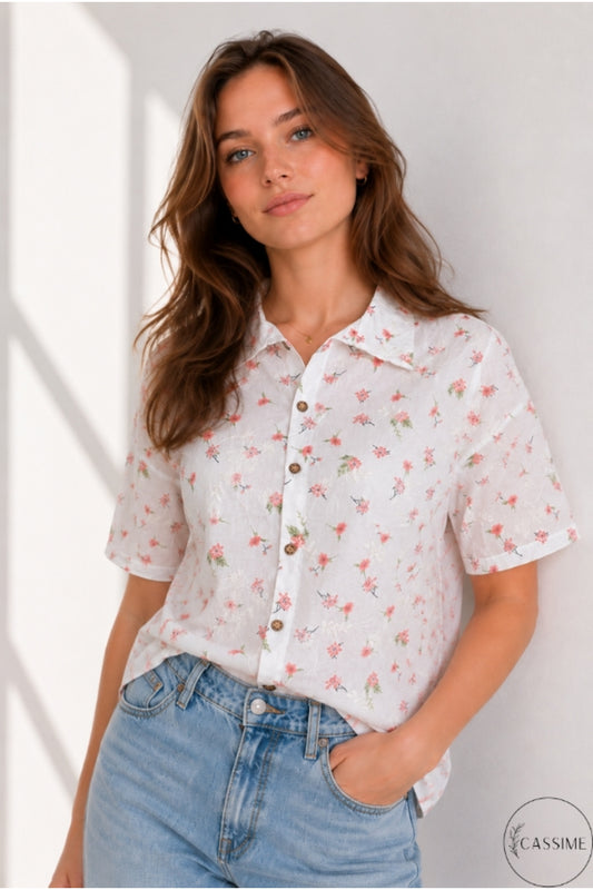 Women's pink mini floral cotton shirt - view 1