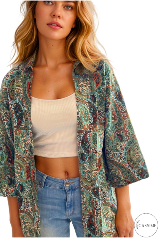 Catherine Women's Linen-Viscose Blend Relaxed Fit Kimono - Green and Khaki Print