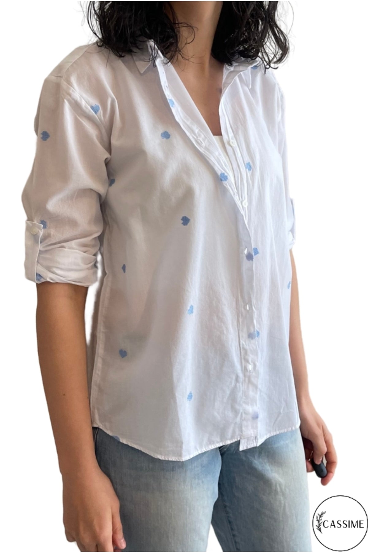 Ella Women's Cotton Embroidered Button-Up Shirt - White with Blue Hearts