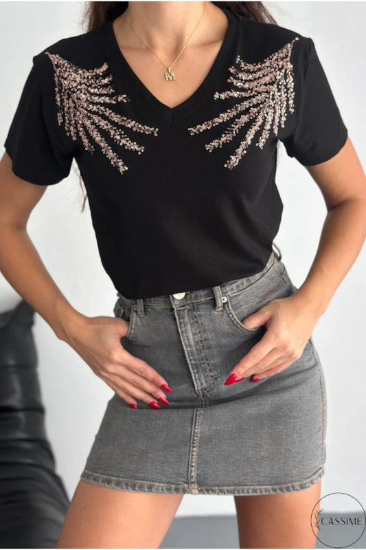 Tilda Black Shoulder Detail Leaf Design Cotton T-Shirt