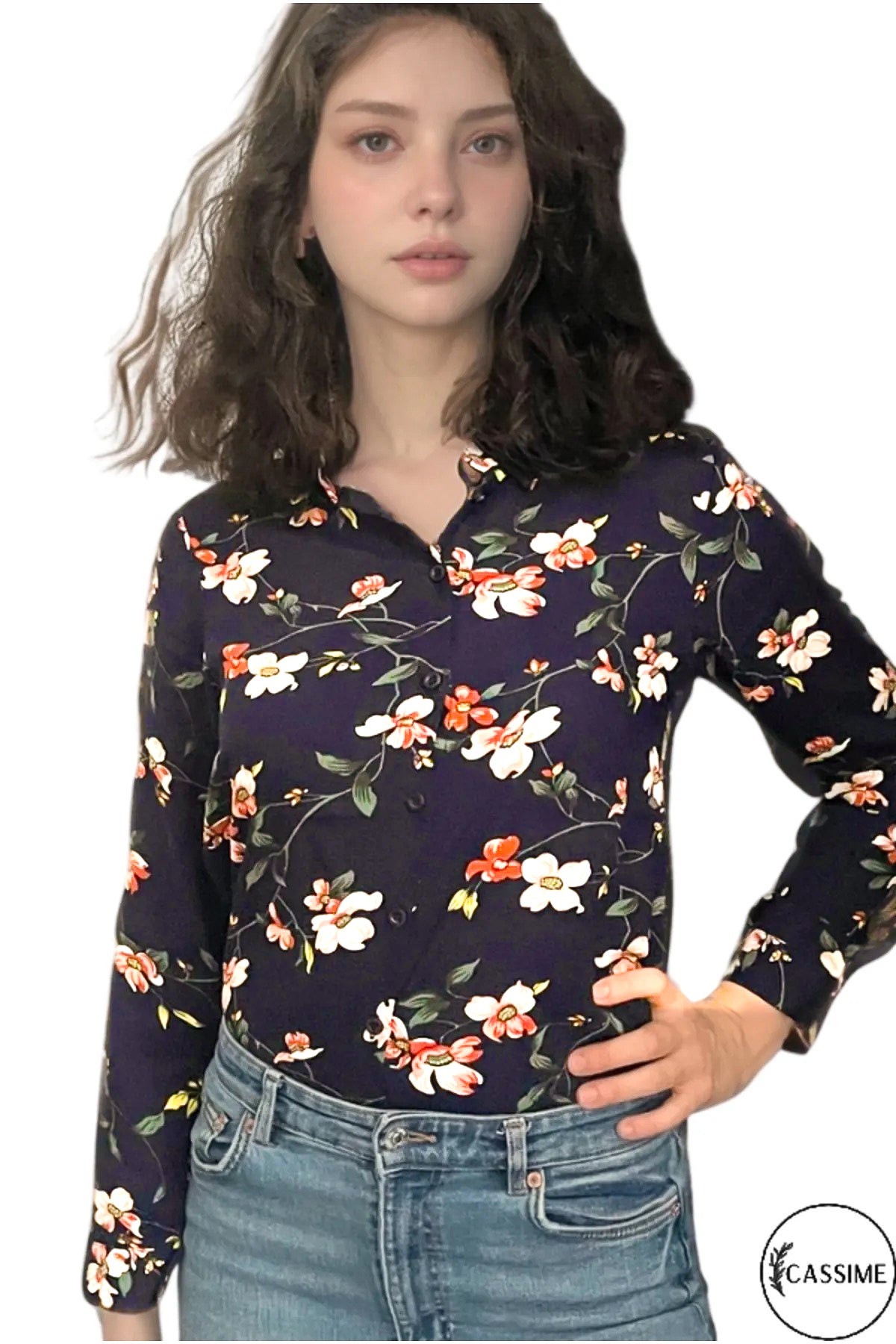 Amelia Women's Long Sleeve Button-Up Shirt - Navy Multicolor Floral