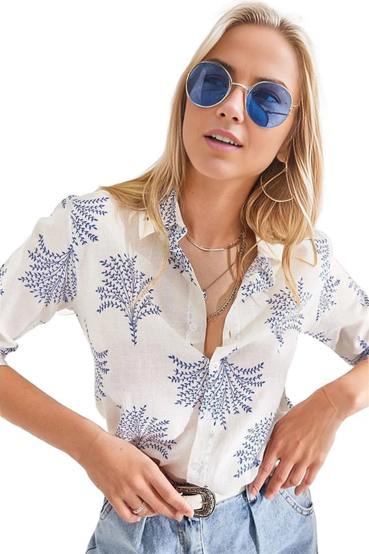 Robyn Women's Cotton Blend Roll-Sleeve Button-Up Shirt - Blue Fan