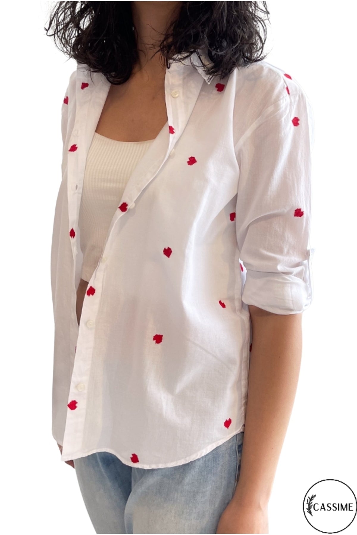 Ella Women's Cotton Embroidered Button-Up Shirt - White with Red Hearts