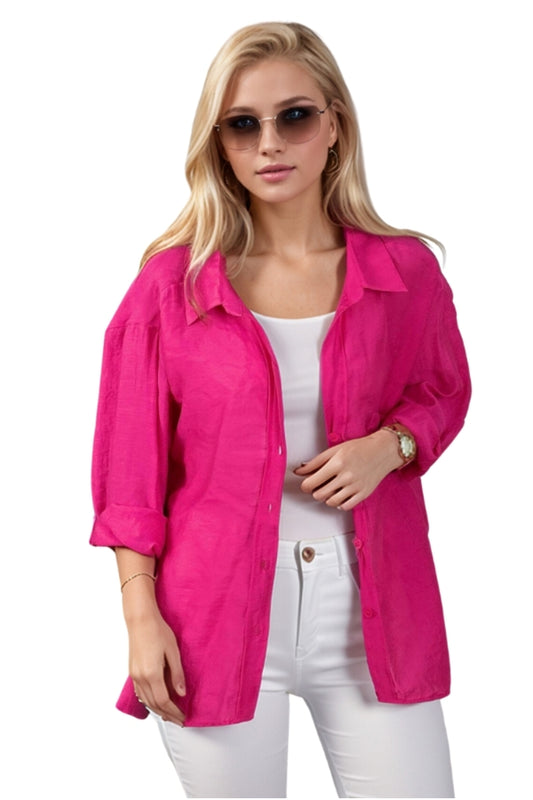 Georgia Women's Oversized Long Sleeve Shirt - Fuchsia and Pink