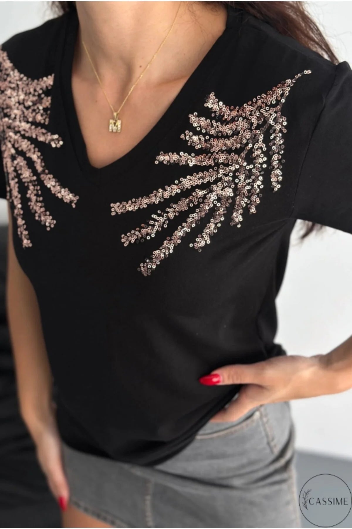 Tilda Black Shoulder Detail Leaf Design Cotton T-Shirt