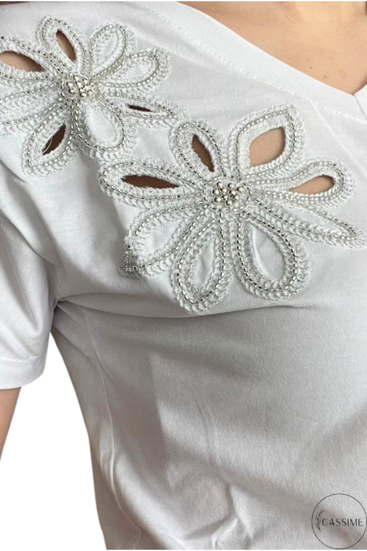 Emma Women's Cotton Embellished T-Shirt - White with Double Flower Sequins