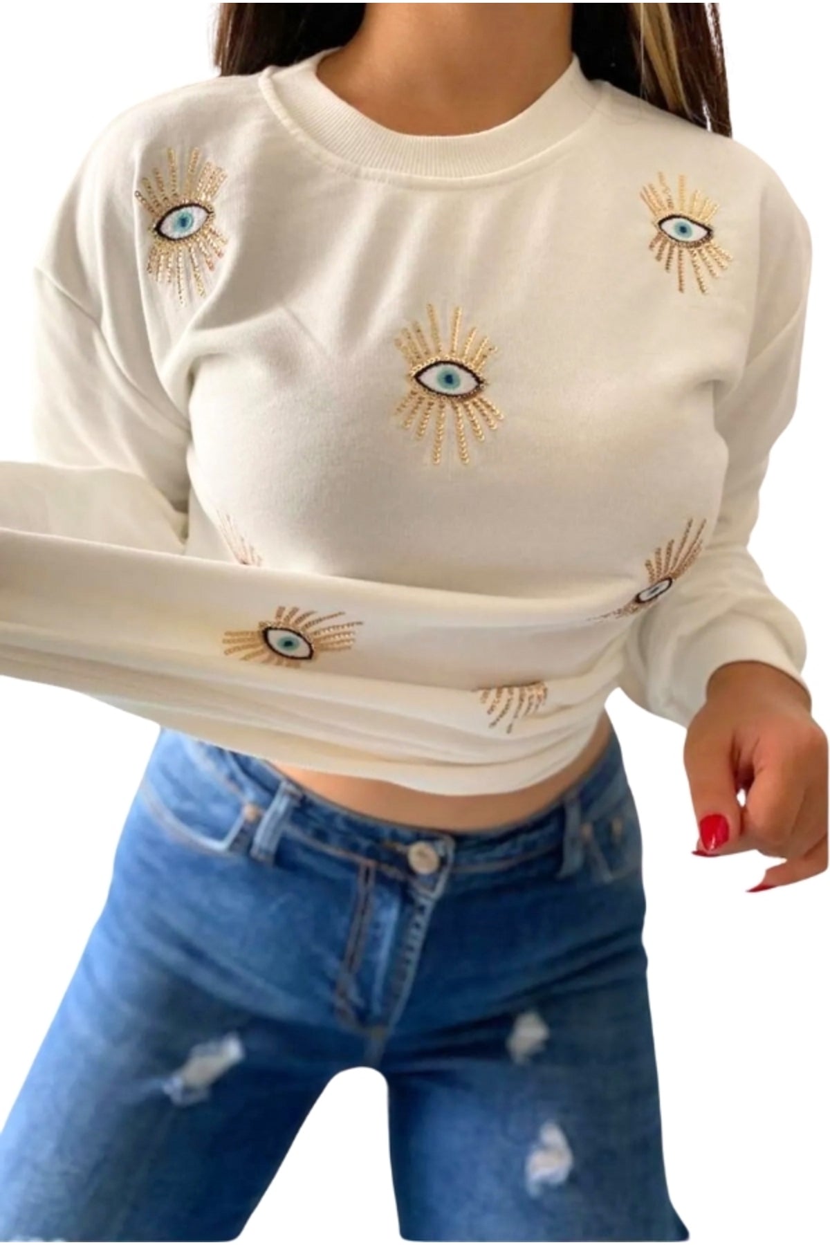 Ava Women's Cotton Embellished Evil Eye Sweatshirt - White Multi Evil Eye Design