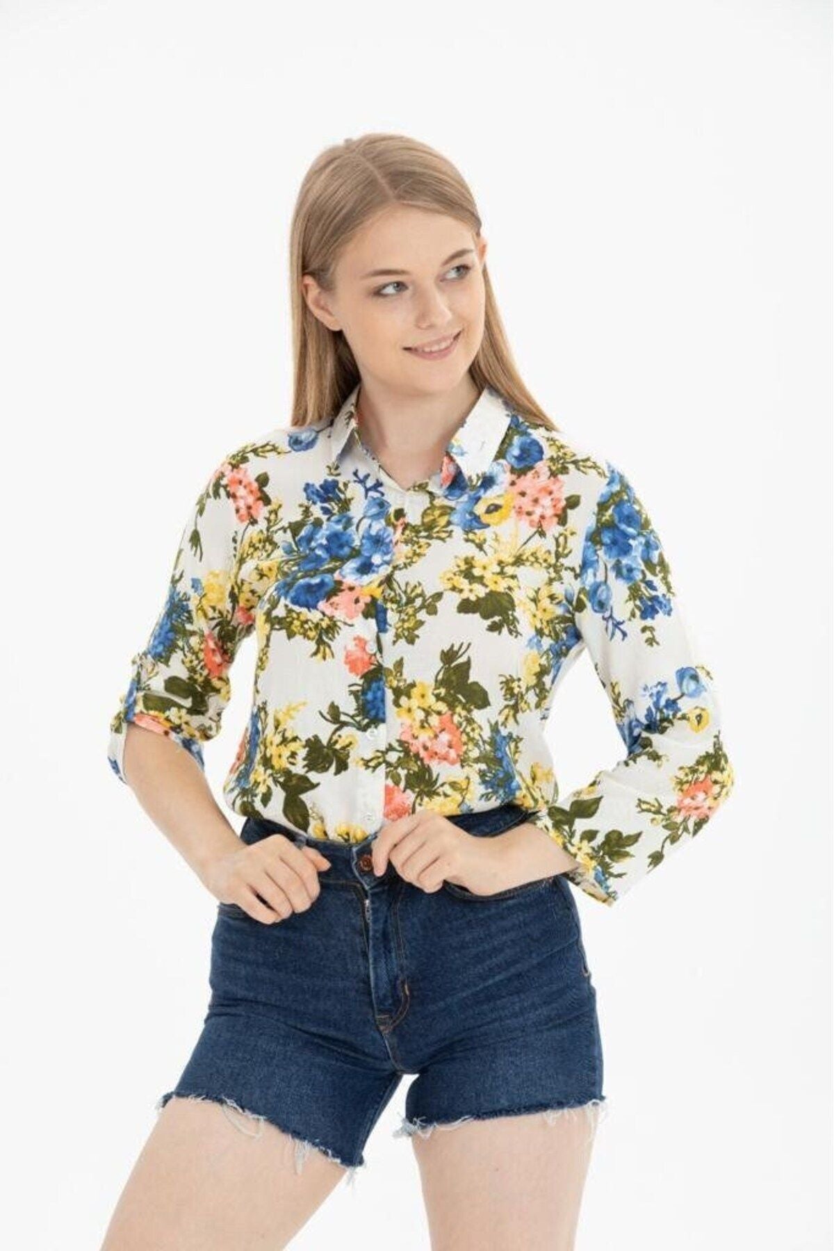 Amelia Women's Viscose Long Sleeve Button-Up Shirt - Ecru Bright Multicolor Floral